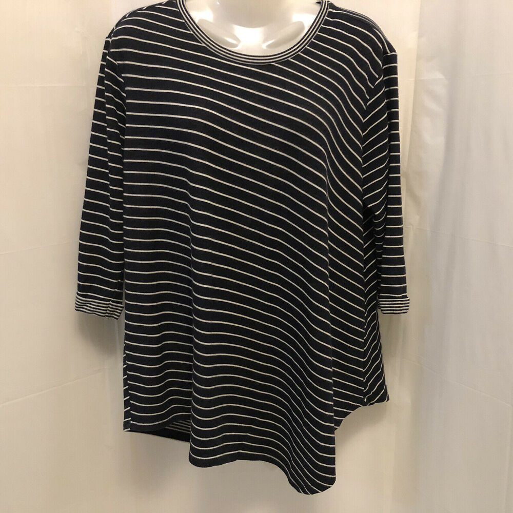 Vince Camuto Sweater Women 1X Navy Stripe 3/4 Sleeve Stretch Hi Low Asymmetrical